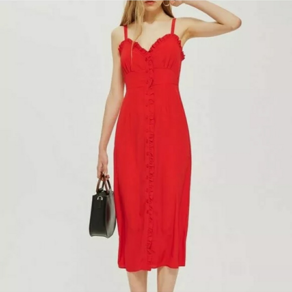 Topshop Red Ruffle Button Down Midi Dress, size 2